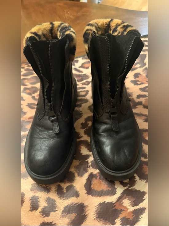 UGG Shoes - Women’s UGG, Black Leather Ankle Boots with Leopard Trim